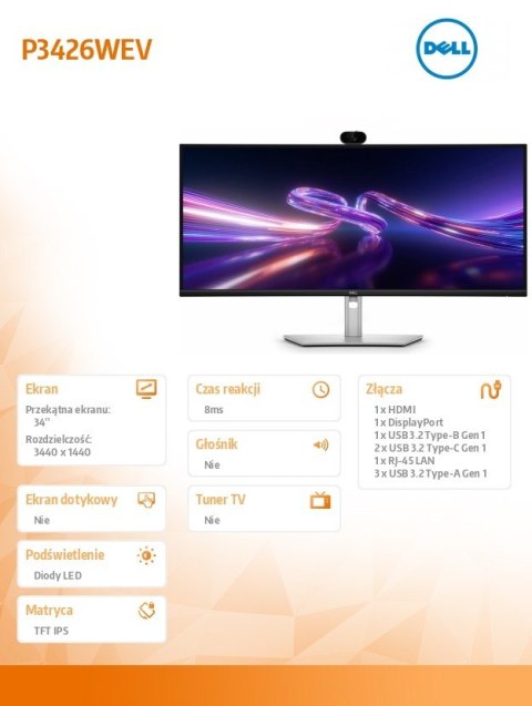 Dell Monitor P3426WEV 34 cale IPS Curved WQHD (3440x1440)/21:9/HDMI/DP/4xUSB/2xUSB-C/RJ45/Camera/3Y