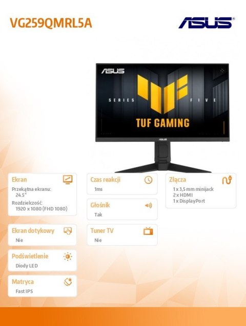 Asus Monitor 24.5 cala VG259QMRL5A IPS 310Hz HDMIx2 DP głośniki