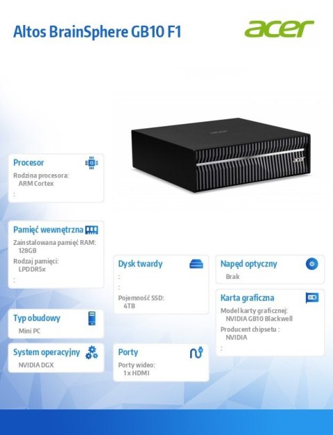 Acer Altos BrainSphere AI Mini Workstation - wersja NVidia DGX DT.L1BEE.001 +3-lata carry-in