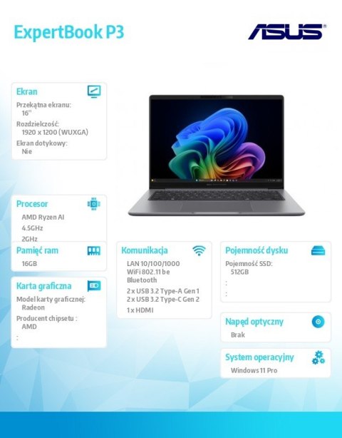 Asus Laptop ExpertBook P3 PM3606CKA-MB0197X - Ryzen AI 5 330/16GB/512GB/16 WUXGA/Win 11 PRO/3YRS