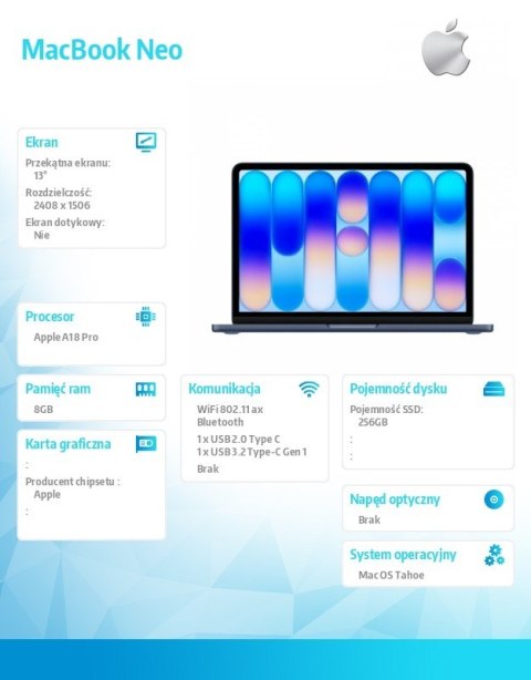 Apple MacBook Neo 13 cali: A18 Pro 6/5, 8GB, 256GB SSD, bez zasilacza - Indygo