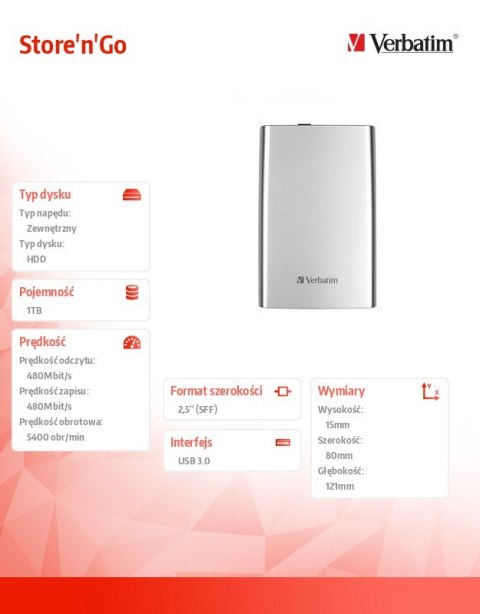 Verbatim Store'n'Go 1TB 2.5'' USB 3.0 Srebrny 53071