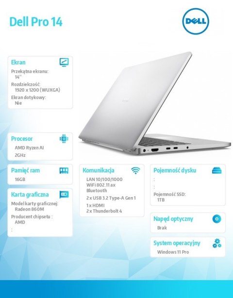 Dell Laptop Dell Pro 14 PC14255/AMD Ryzen AI 7 PRO 350/16GB/1TB SSD CL25/14.0 FHD+/Radeon 860M/FgrPr/FHD/IR Cam/Mic/WLAN+BT/Backlit K