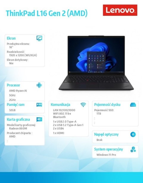 Lenovo Laptop ThinkPad L16 G2 21RH001FPB W11Pro 7 PRO 350/32GB/1TB/INT/16.0 WUXGA/Black/1YR Premier WHB + 3YRS OS + CO2 Offset