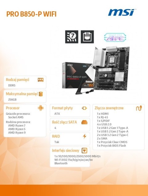 MSI Płyta główna PRO B850-P WIFI AM5 4DD R5 ATX