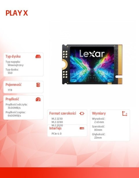 Lexar Dysk SSD PLAY X 1TB PCIe4 2230 7400/6400MB/s adapter do 2280