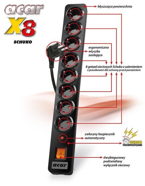 Acar Listwa przeciwprzepięciowa Acar X8 Schuko 3,0m szara