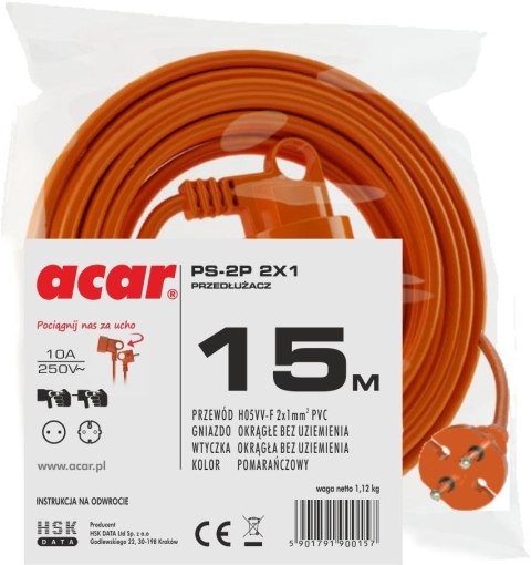 Acar Przedłużacz ogrodowy Acar PS-2P 2X1 15m pomarańczowy