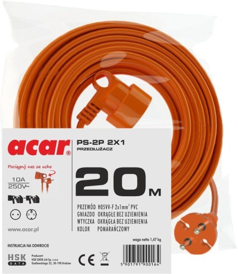 Acar Przedłużacz ogrodowy Acar PS-2P 2X1 20m pomarańczowy