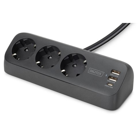 Digitus Listwa zasilająca biurkowa DIGITUS 3 gniazda Schuko, 2x USB-A (2x 12W), 1x USB-C (30W) z zaciskiem na blat, kabel 1,5m, czarna