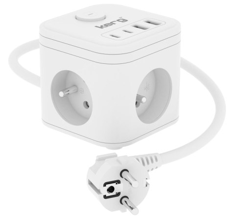 KERG Kostka zasilająca KERG 3-gniazdowa + ładowarka USB-A+USB-C 1,5m 3×1,5mm2 H05VV-F 16A/250V biała