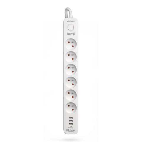 KERG Urządzenie zasilające zabezpieczające KERG z wyłącznikiem 6 gniazd 3xUSB-A białe 3m 16A H05VV-F 3x1,5mm2
