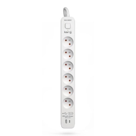 KERG Urządzenie zasilające zabezpieczające KERG z wyłącznikiem 6 gniazd USB-C USB-A białe 1,5m 16A H05VV-F 3x1,5mm2