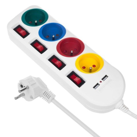 Maclean Listwa zasilająca Maclean MCE229 W, przedłużacz 4 gniazda + 2xUSB, z włącznikami, 250VAC/10A, 2.1A 5V, 1.5m, biała