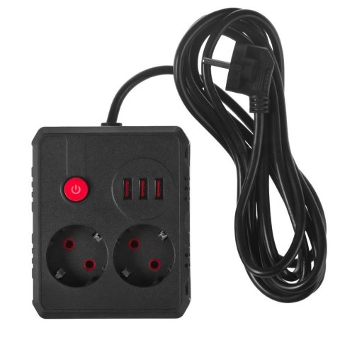 Maclean Listwa zasilająca Maclean MCE388 B, przedłużacz 2 gniazda + 3xUSB, 110-240V AC 50/60Hz, 2.1A max 2500W, 3 m, czarna