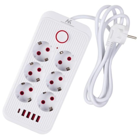 Maclean Listwa zasilająca Maclean MCE389 W, przedłużacz 6 gniazd + 4xUSB + USB-C, 110-240V AC 50/60Hz, 2.1A max 2500W, 1,5 m, biała