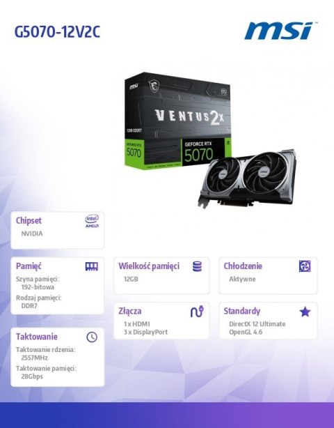 MSI Karta graficzna GeForce RTX 5070 12G VENTUS 2X OC GDDR7 192bit HDMI/3DP