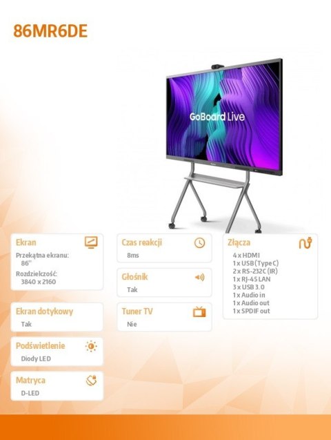 Hisense Monitor interaktywny 86MR6DE 86 cali 4K GoBoard Live zaawansowany wyświetlacz interaktywny z wbudowaną kamerą 4K