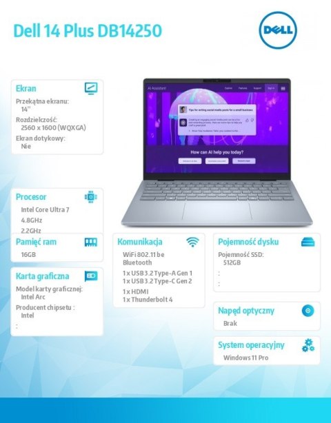 Dell Laptop Dell 14 Plus DB14250 Win11Pro Ultra 7 256V/16GB/512GB SSD/14.0 2.5K/Arc/FgrPr/WLAN + BT/Backlit Kb/4 Cell