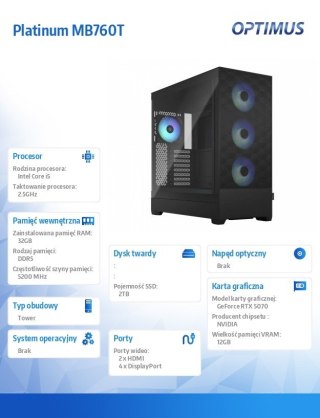 OPTIMUS Komputer Platinum MB760T MB760T i5-14400F/32GB/2TB/RTX 5070 12GB/NO OS