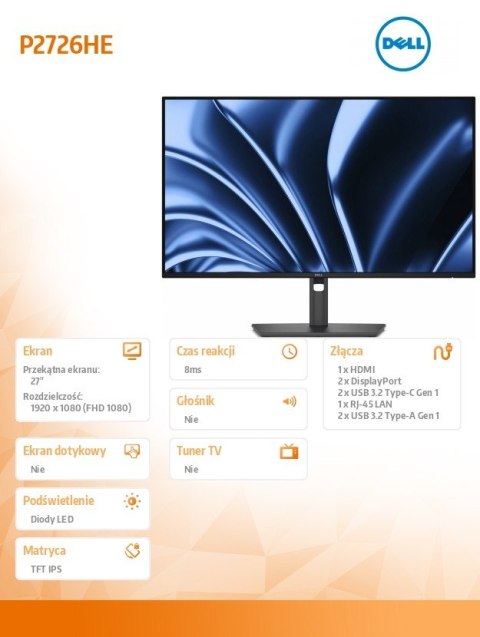 Dell Monitor P2726HE 27 cali IPS FHD (1920x1080)/16:9/HDMI/2xDP/2xUSB/3xUSB-C/RJ45/3Y
