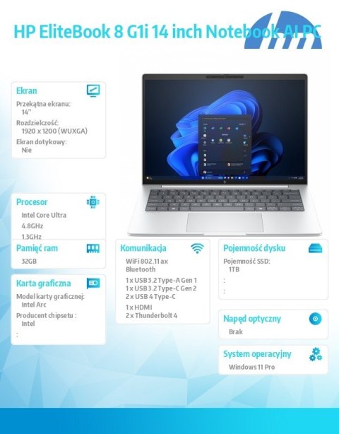 HP Inc. Laptop EliteBook 8 G1i U5-225U 1TB/32GB/W11P/14 cali C51LKET
