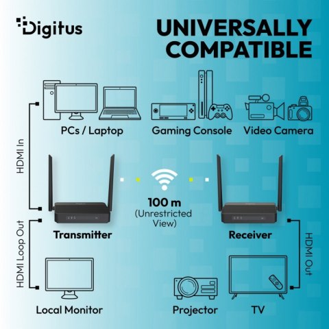 Digitus Przedłużacz / Extender HDMI bezprzewodowy z KVM do 100m | UHD 4K@60Hz | Audio | Niskie opóźnienie 16ms (Zestaw)