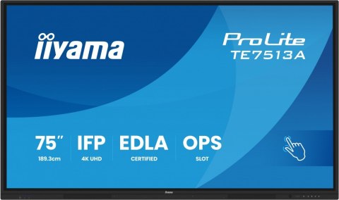 IIYAMA Monitor interaktywny 75 cali TE7513A-B2AG INFRARED,40pkt,IPS,4K,7H,500cd/m2, WiFi,USB, ANDROID 14, Google EDLA,2x20W, UCHWY