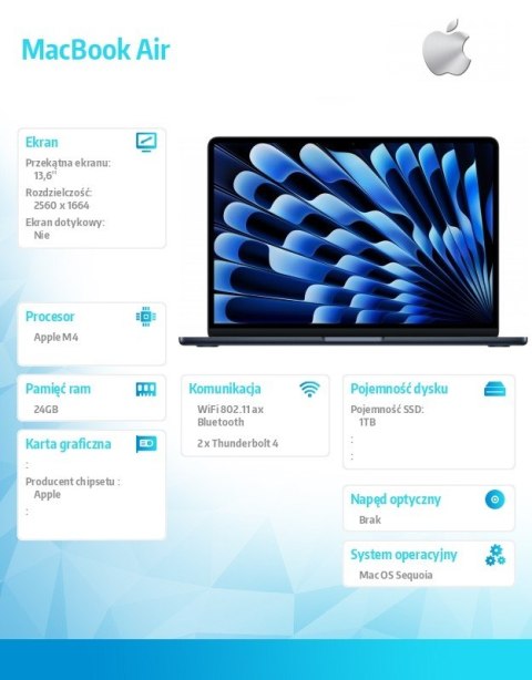 Apple MacBook Air 13.6 cala: M4 10/10, 24GB, 1TB SSD, 35W - Północ