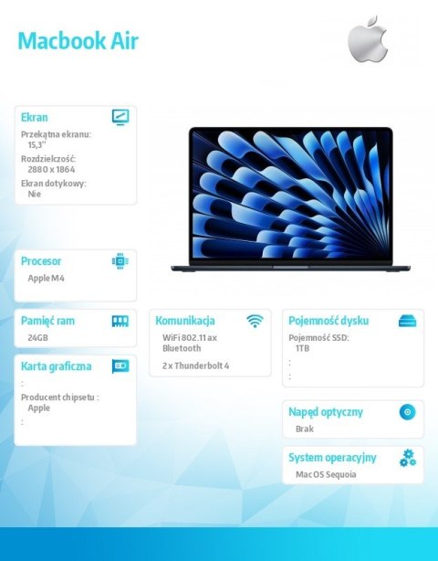 Apple MacBook Air 15.3 cala: M4 10/10, 24GB, 1TB SSD, 70W - Północ