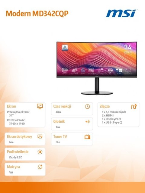 MSI Monitor 34 cale Modern MD342CQP LED/UWQHD/Curved/120Hz/czarny
