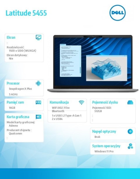 Dell Laptop Latitude 5455 Win11Pro Snapdragon X Plus X1P-42-100 16GB/512GB/14.0 FHD+/Qualcomm Adreno/FgrPr/FHD/IR Cam/Mic/WLAN+BT//Ba