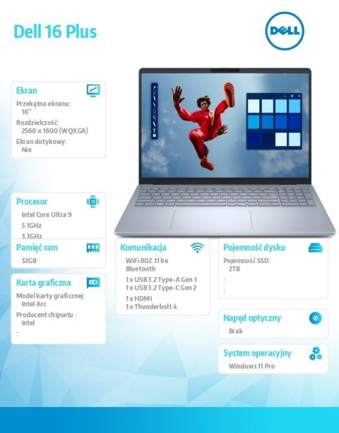 Dell Laptop Dell 16 Plus DB16250 Win11Pro Ultra 9 288V/32GB/2TB/16.0 2.5K/Arc/FgrPr/WLAN + BT/Backlit Kb/4 Cell
