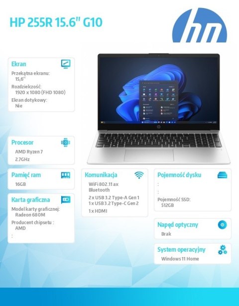 HP Inc. Laptop 255R G10 R7-7735U 512GB/16GB/Win11H/15,6 cala AD1T4ET