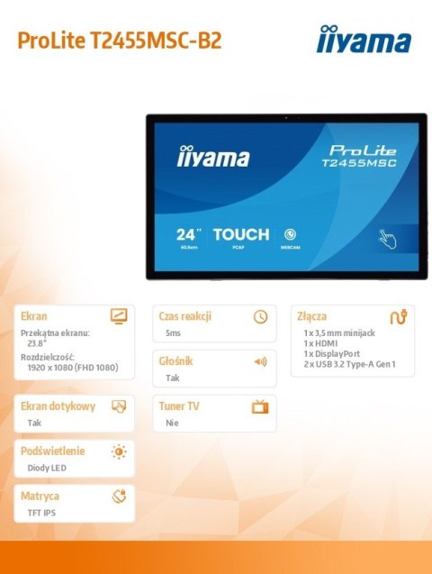 IIYAMA Monitor 24 cale T2455MSC-B2 POJ.10PKT.IPS,HDMI,DP,USB3.0,CAM,MIC, FHD 120Hz