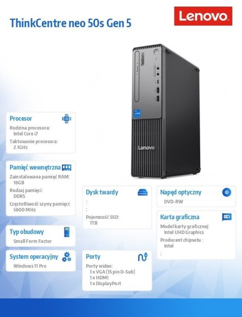 Lenovo Komputer ThinkCentre Neo 50s G5 SFF 12XF0028PB W11Pro i7-14700/16GB/1TB/INT/DVD/3YRS OS