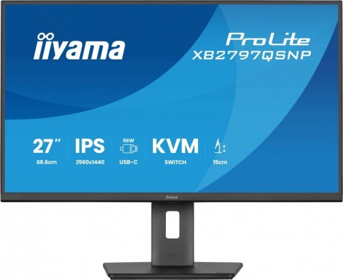 IIYAMA Monitor 27 cali XB2797QSNP-B1 IPS,QHD,USB-c Dock 96W,HDMI, 350cd,1ms, DP, DisplayPort x1 (Daisy Chain MST max. 2560 x1440), USB
