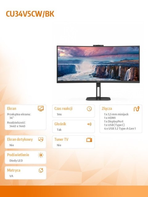 AOC Monitor CU34V5CW 34 cali 100Hz Curved VA HDMI DP USB-C