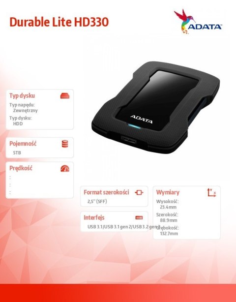 Adata Durable Lite HD330 5TB 2.5'' USB3.1 Czarny