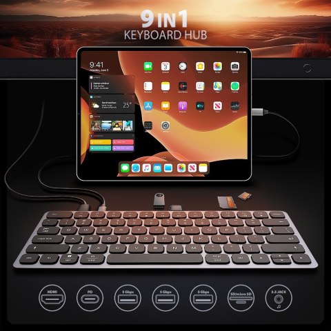 AXAGON HMC-KB-US Klawiatura USB-C 5Gbps z wieloportowy hub 9in1, SD/microSD, 3x USB-A, HDMI 4K/60Hz, PD 100W, Audio, US layout, 60cm US