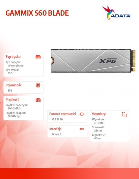 Adata Dysk SSD XPG S60 1TB PCIe 4x4 5/3.2GB/s M2