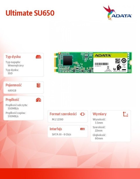 Adata Dysk SSD Ultimate SU650 480GB M.2 TLC 3D 2280 SATA