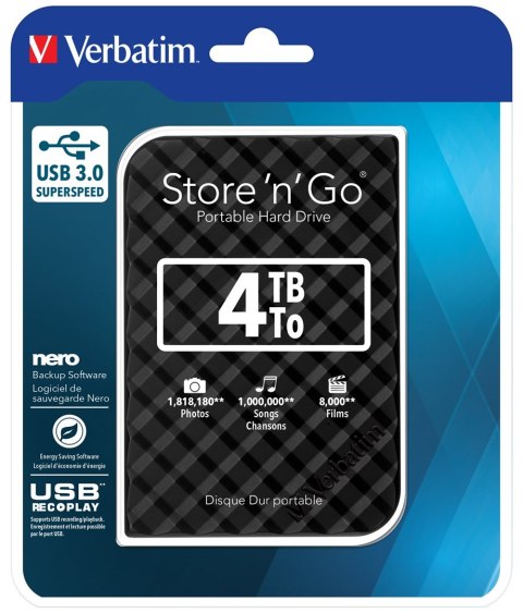 Verbatim Verbatim Przenośny dysk twardy Store 'n' Go USB 3.0 Portable Hard Drive 4 TB — czarny