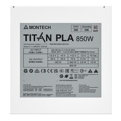 Montech Montech Titan PLA 850W - 80 PLUS & Cybenetics Platinum, modularny, PCIe 5.1 - 850 Wat