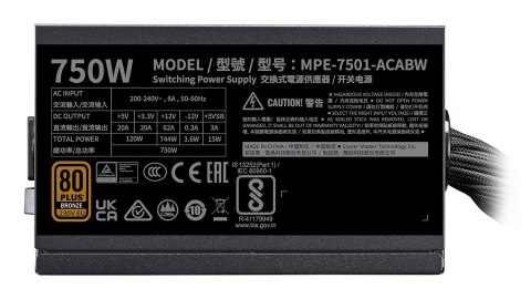 Cooler Master Cooler Master MWE Bronze 750 V3 230V moduł zasilaczy 750 W 24-pin ATX ATX Czarny