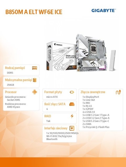 Gigabyte Płyta główna B850M A ELT WF6E ICE HDMI/DP M2 m.ATX