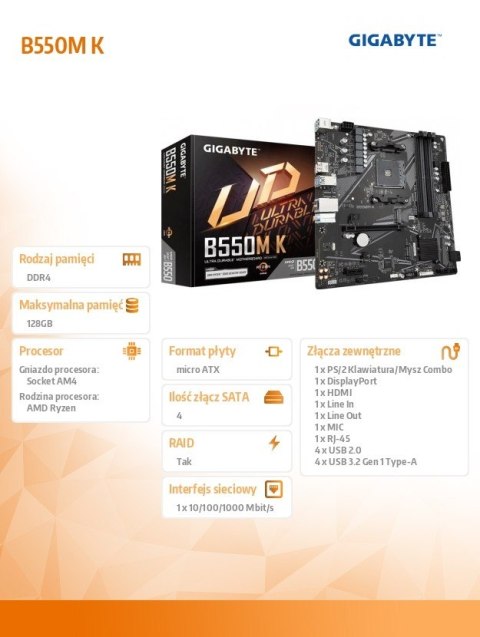 Gigabyte Płyta główna B550M K AM4 4DDR4 DP/HDMI mATX