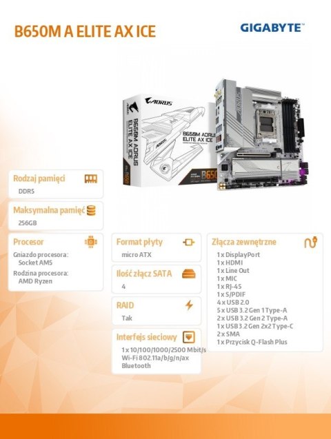 Gigabyte Płyta główna B650M A ELITE AX ICE HDMI/DP M2 m.ATX