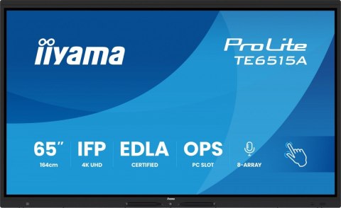 IIYAMA Monitor interaktywny 65 cali TE6515A-B2AG VA,4K,40pkt,550cd,DeepContrast-IR+, HDMI x2,DP,USB-C, 2 x 20W, OPS Slot x1, 5xUSB,