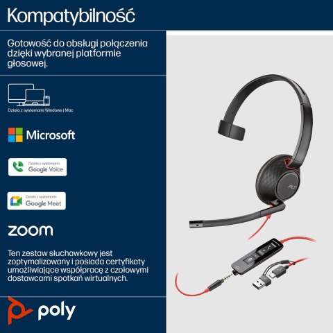 Hewlett-Packard Poly Blackwire 5210 Monaural USB-C Headset +3.5mm Plug +USB-C/A Adapter (Bulk)